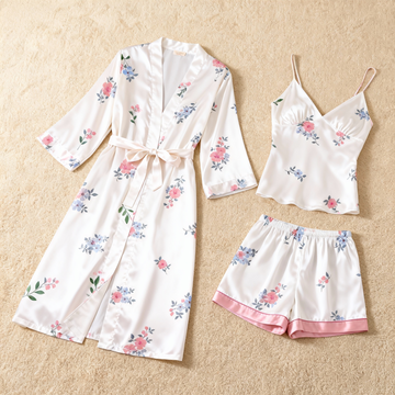 Detailed Floral Print Elegance 3-Piece Satin Lounge Set for Women