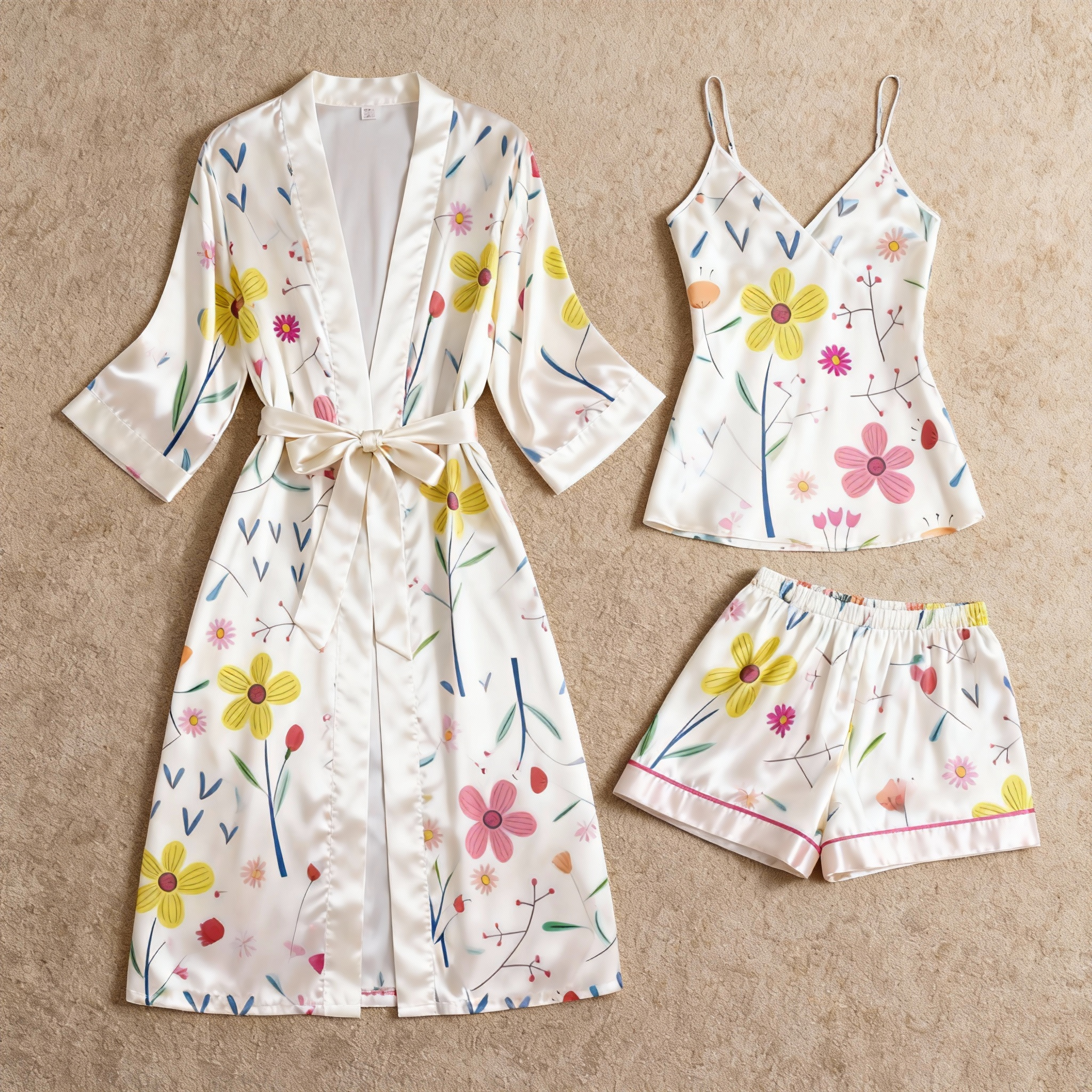 Elegant Satin 3-Piece Loungewear Set with Cute Floral Pattern