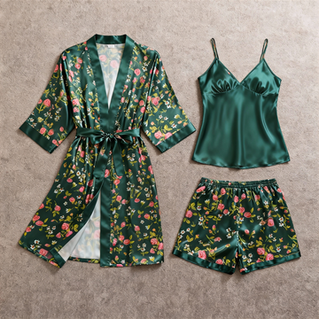 Elegant Satin Loungewear Trio in Vintage Green Style