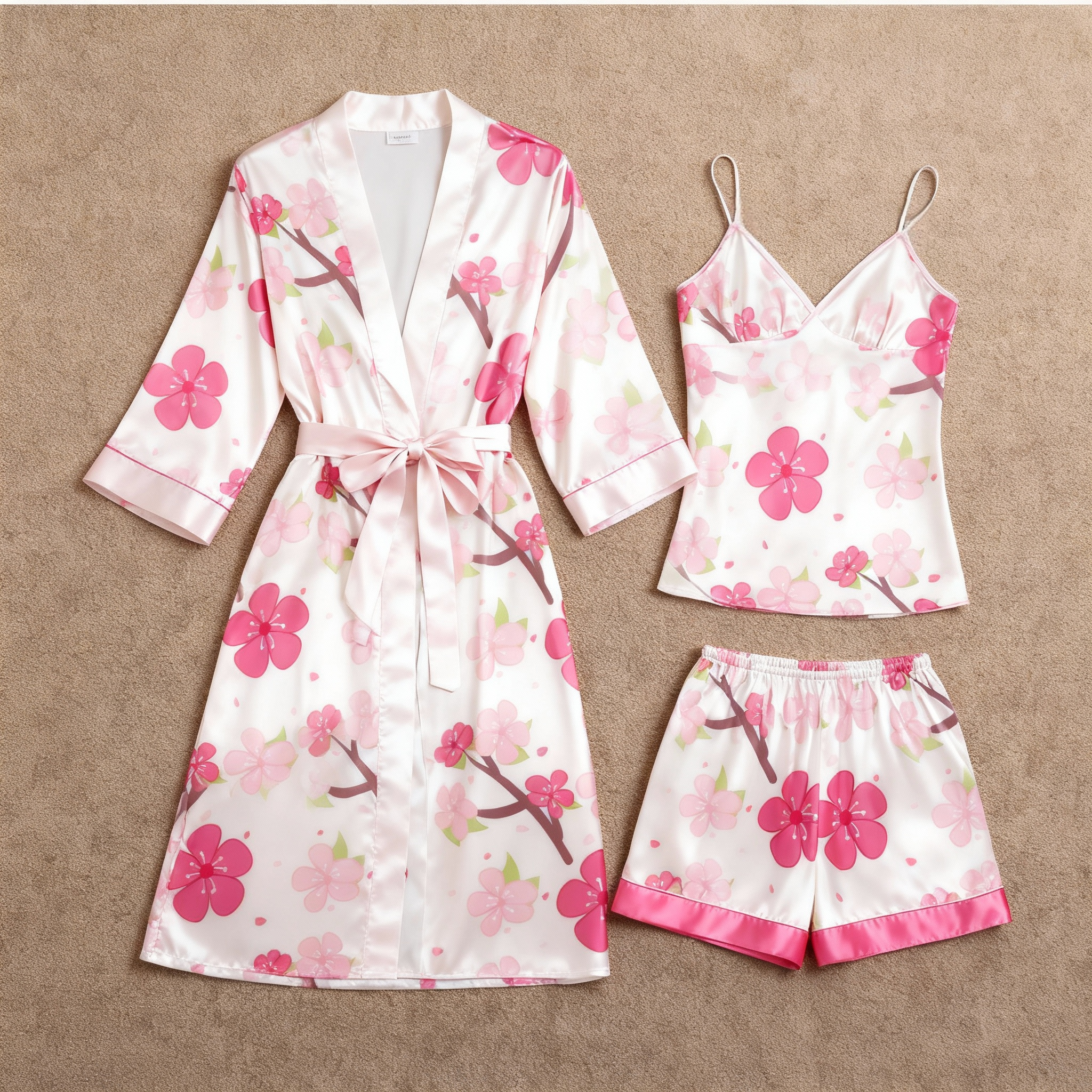 Elegant Satin 3-Piece Loungewear Set with Pink Floral Pattern