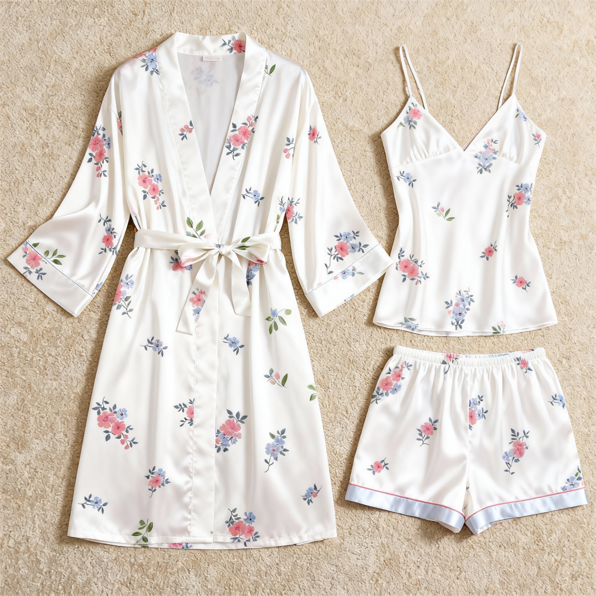 Detailed Floral Pattern Elegance 3-Piece Satin Lounge Set for Women