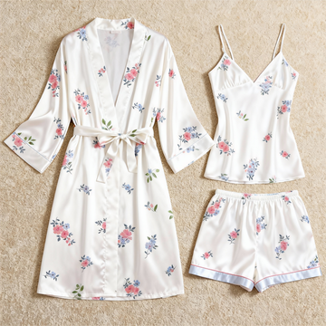 Detailed Floral Pattern Elegance 3-Piece Satin Lounge Set for Women