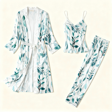 Women's 3-Piece Botanical Leaves Satin Loungewear