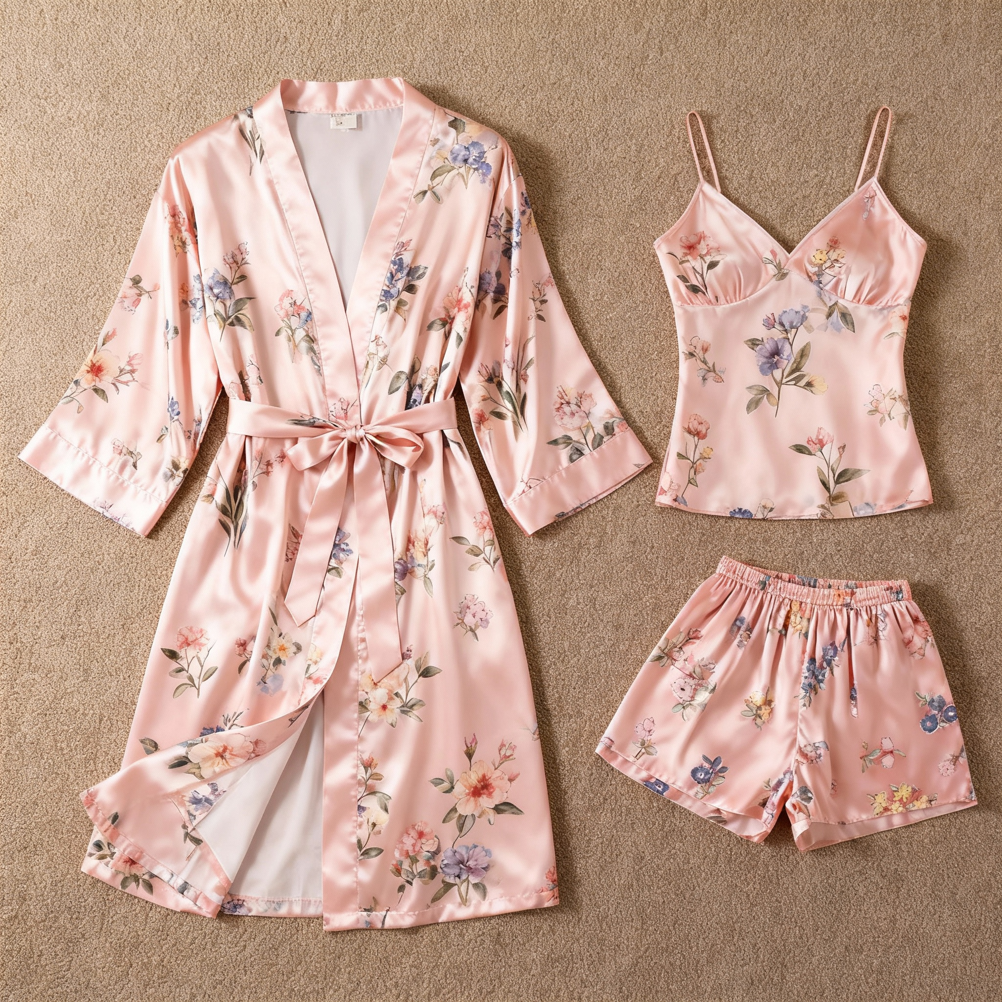 Dreamy Floral Pattern Glow Silky Satin 3-Piece Loungewear Set