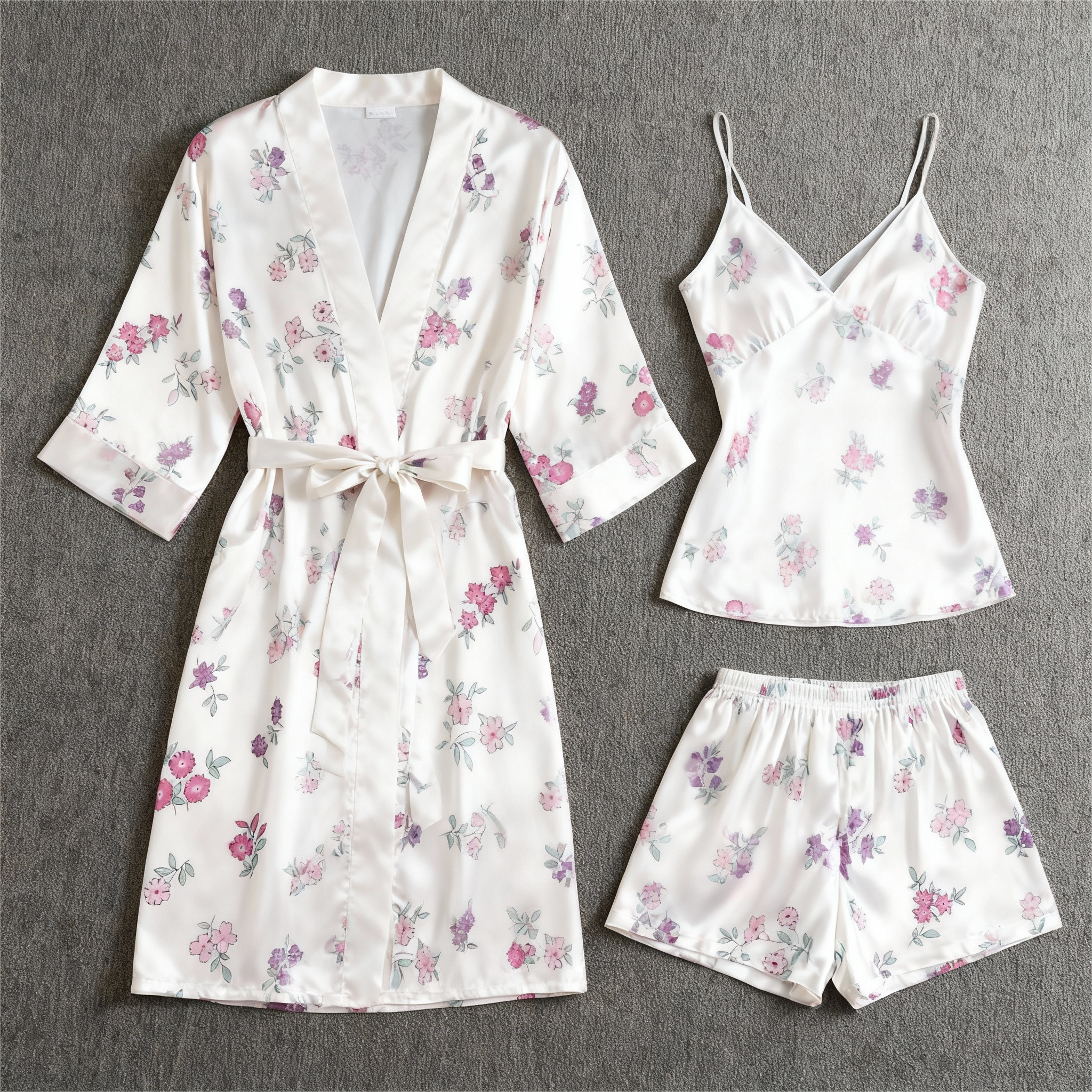 Elegant Satin Loungewear Trio with Subtle Blossom Motif