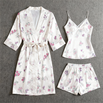 Elegant Satin Loungewear Trio with Subtle Blossom Motif