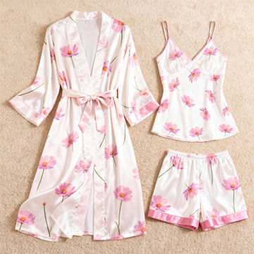 Pink Elegent Floral Print 3-Piece Satin Lounge Set for Women