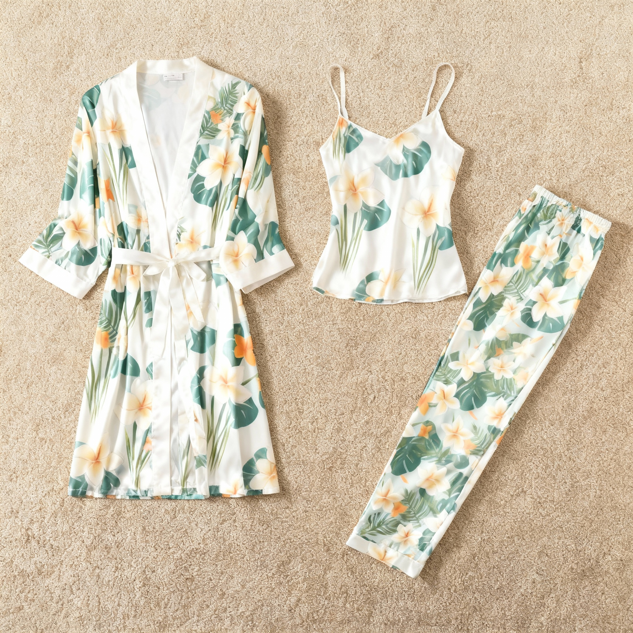 Women's 3-Piece Green & Yellow Dreamy Floral Satin Loungewear