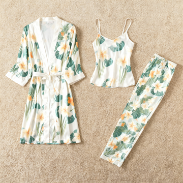 Women's 3-Piece Green & Yellow Dreamy Floral Satin Loungewear