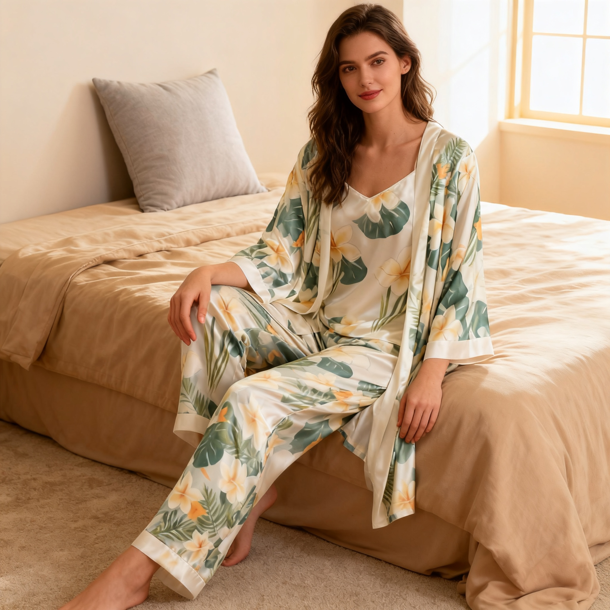 Women's 3-Piece Green & Yellow Dreamy Floral Satin Loungewear