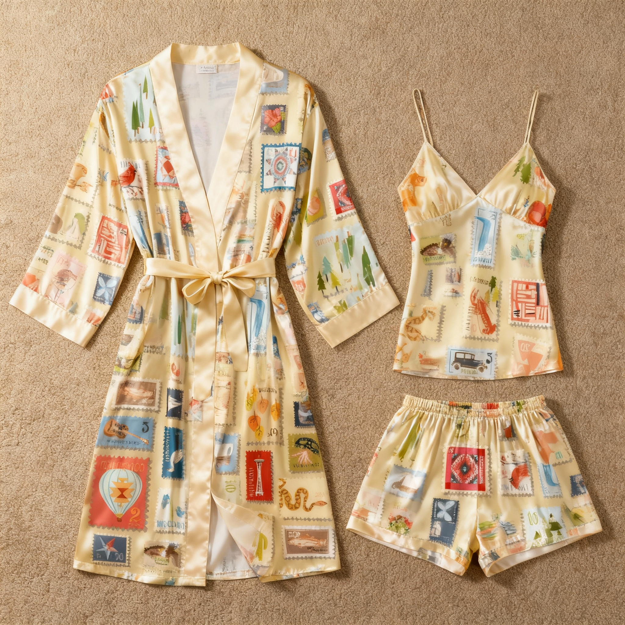 Elegant Satin Loungewear Trio with Vintage Stamp Motif