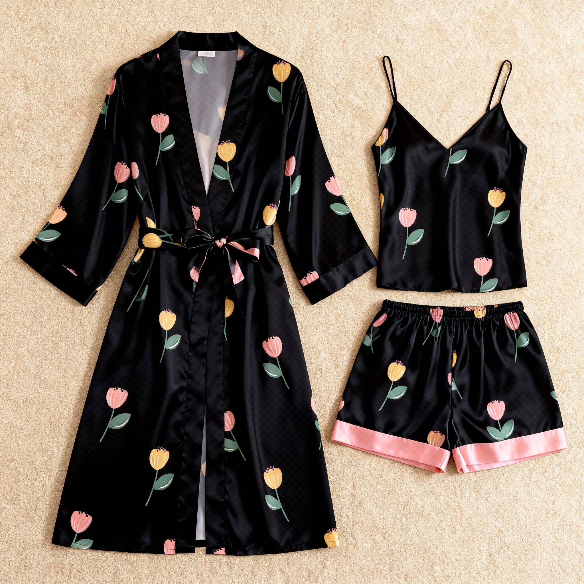 Elegent Floral Design 3-Piece Satin Lounge Set for Women