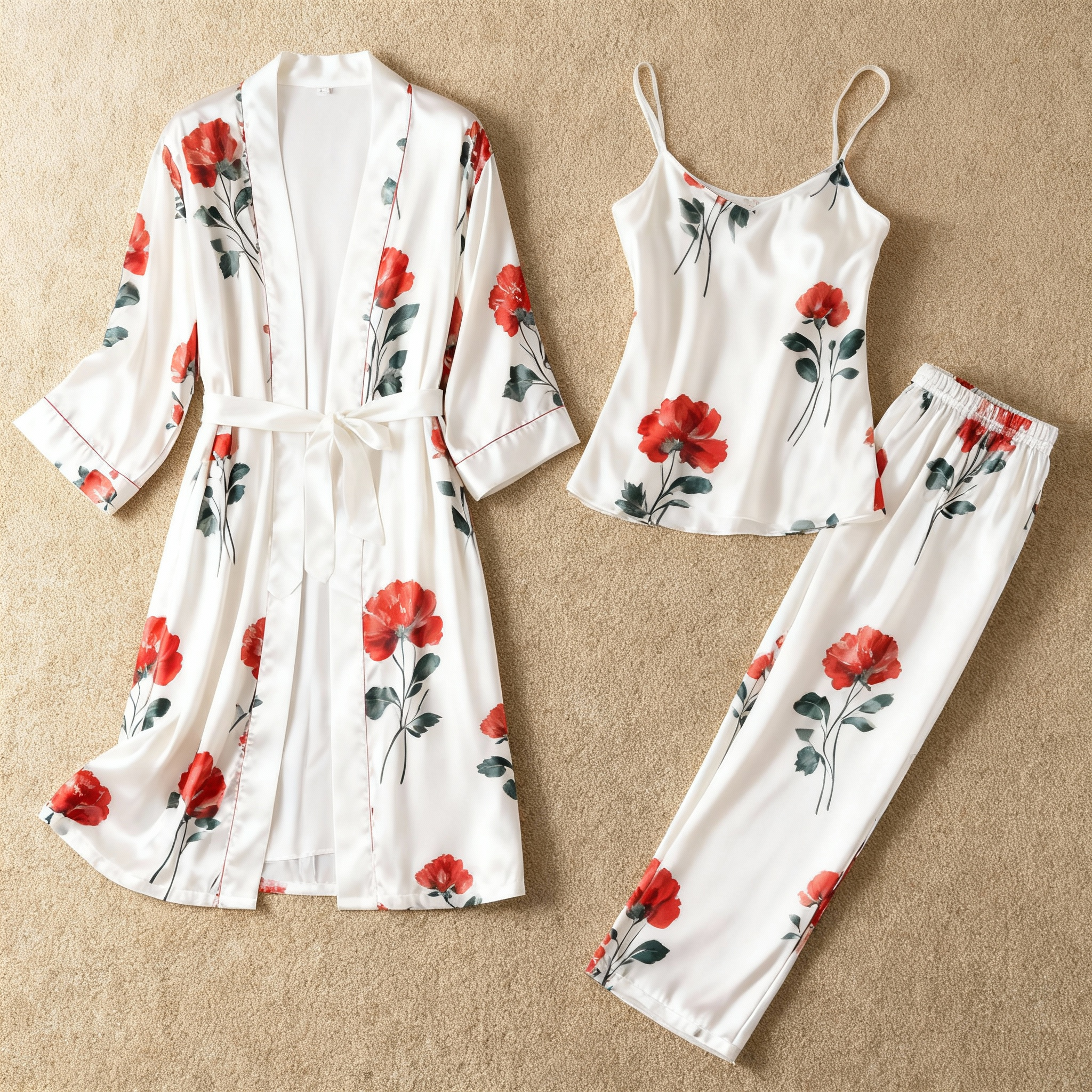 Women's 3-Piece Red Dreamy Floral Satin Loungewear