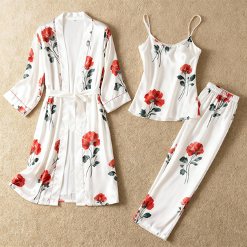 Women's 3-Piece Red Dreamy Floral Satin Loungewear