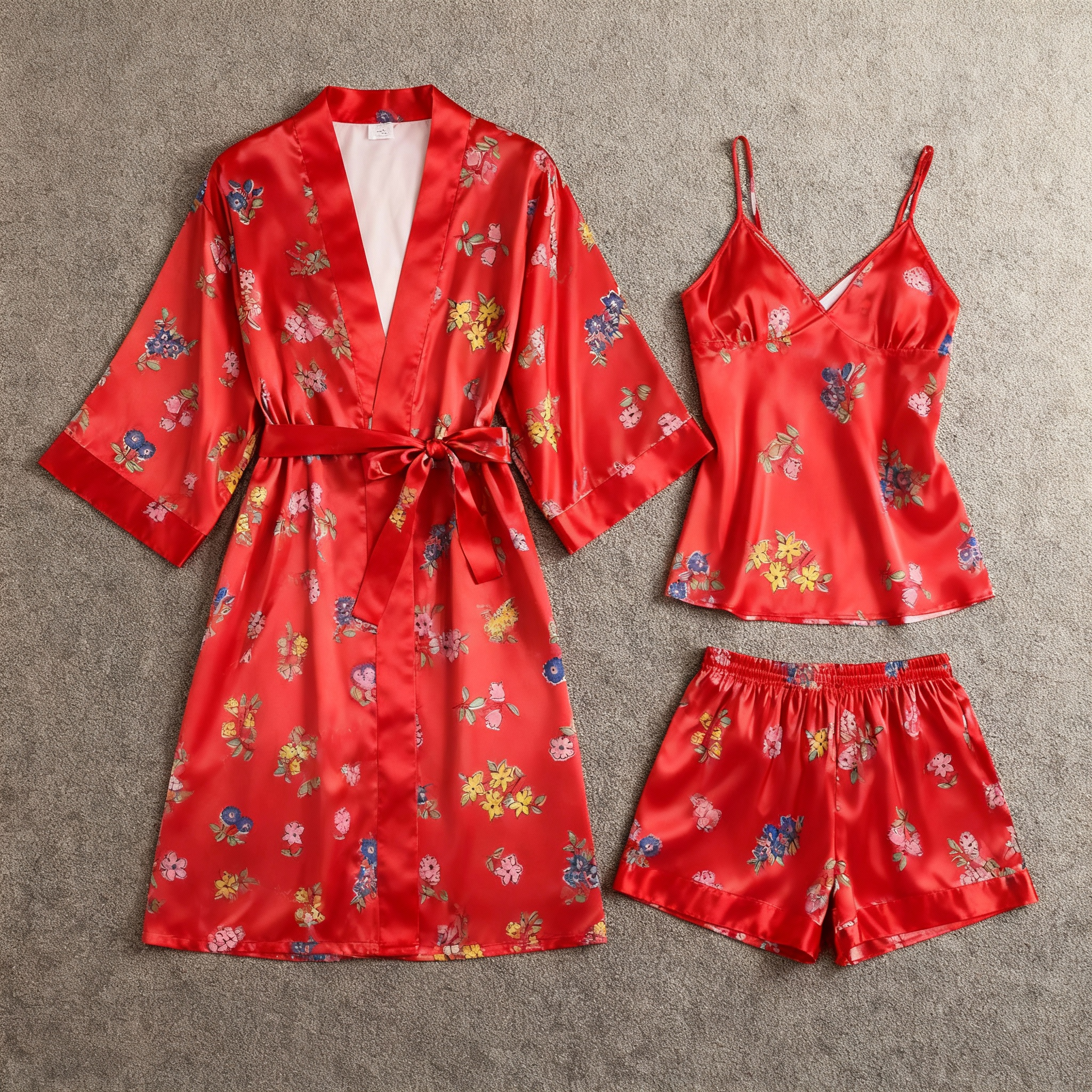 Elegant Satin Loungewear Trio in Bright Red Style