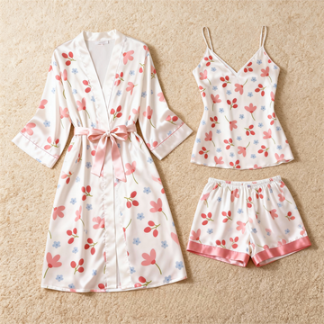 Soft Floral Motif 3-Piece Satin Lounge Set for Women