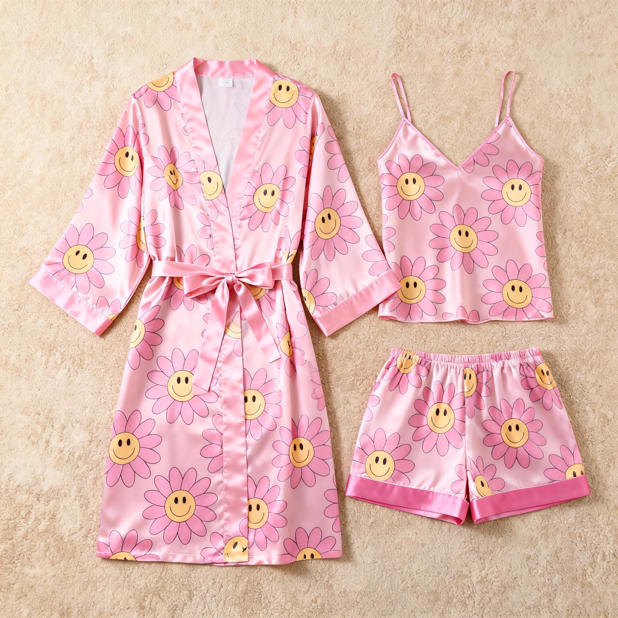 Elegant Satin 3-Piece Loungewear Set with Pink Floral Pattern