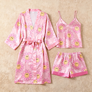 Elegant Satin 3-Piece Loungewear Set with Pink Floral Pattern
