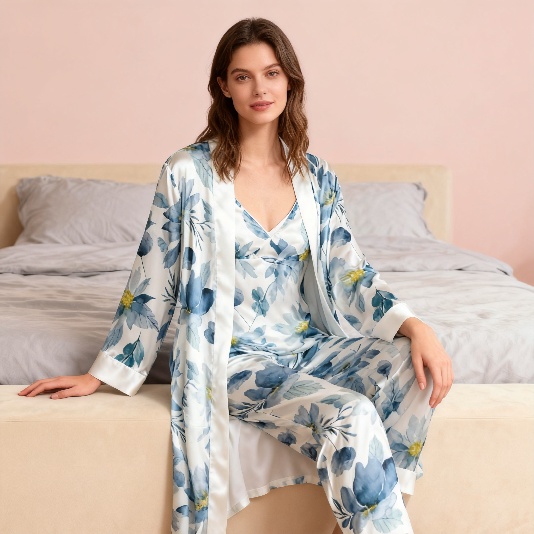 Women's 3-Piece Blue Watercolor Satin Lounge Outfit