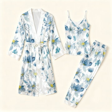 Women's 3-Piece Blue Watercolor Satin Lounge Outfit