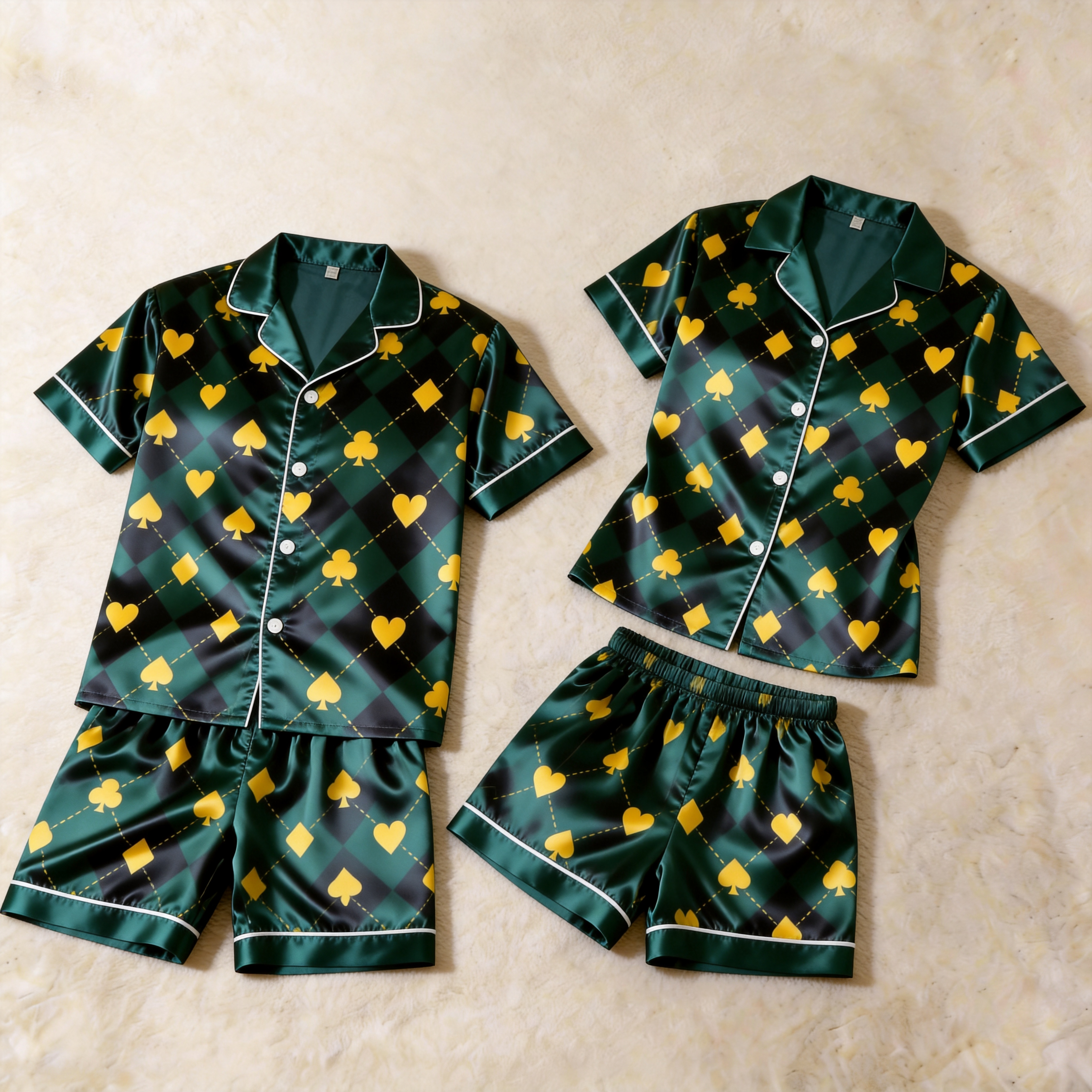 Satin Poker Print Couple Sleepwear – Silky Short Sleeve Pajama Set