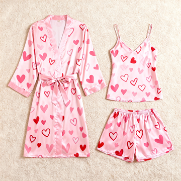 Elegant Satin 3-Piece Loungewear Set with Sweet Heart Design