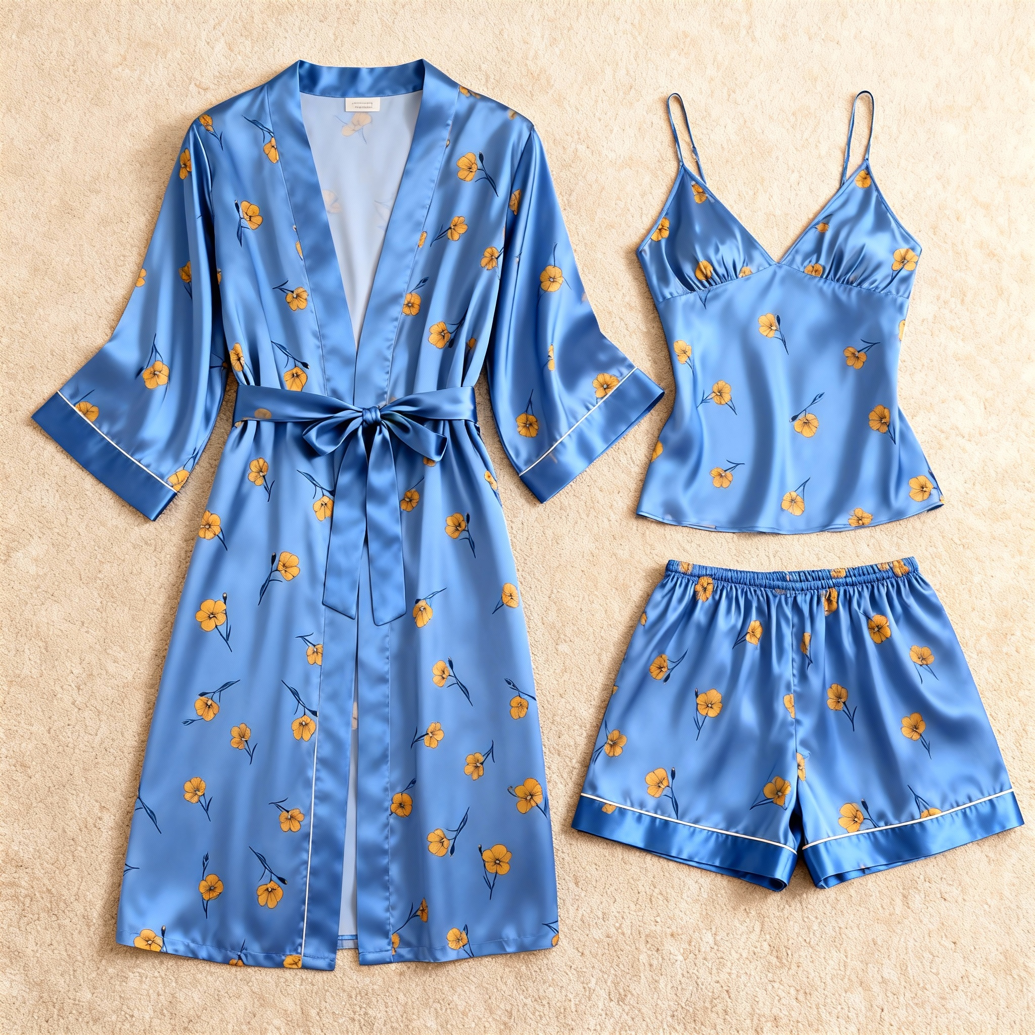 Yellow Floral Print Elegance 3-Piece Satin Lounge Set for Women
