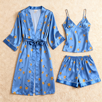 Yellow Floral Print Elegance 3-Piece Satin Lounge Set for Women