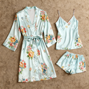 Elegant Satin Loungewear Trio with Vintage Luxe Floral Print