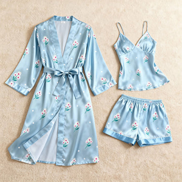 Daisy Floral Print Elegance 3-Piece Satin Lounge Set for Women