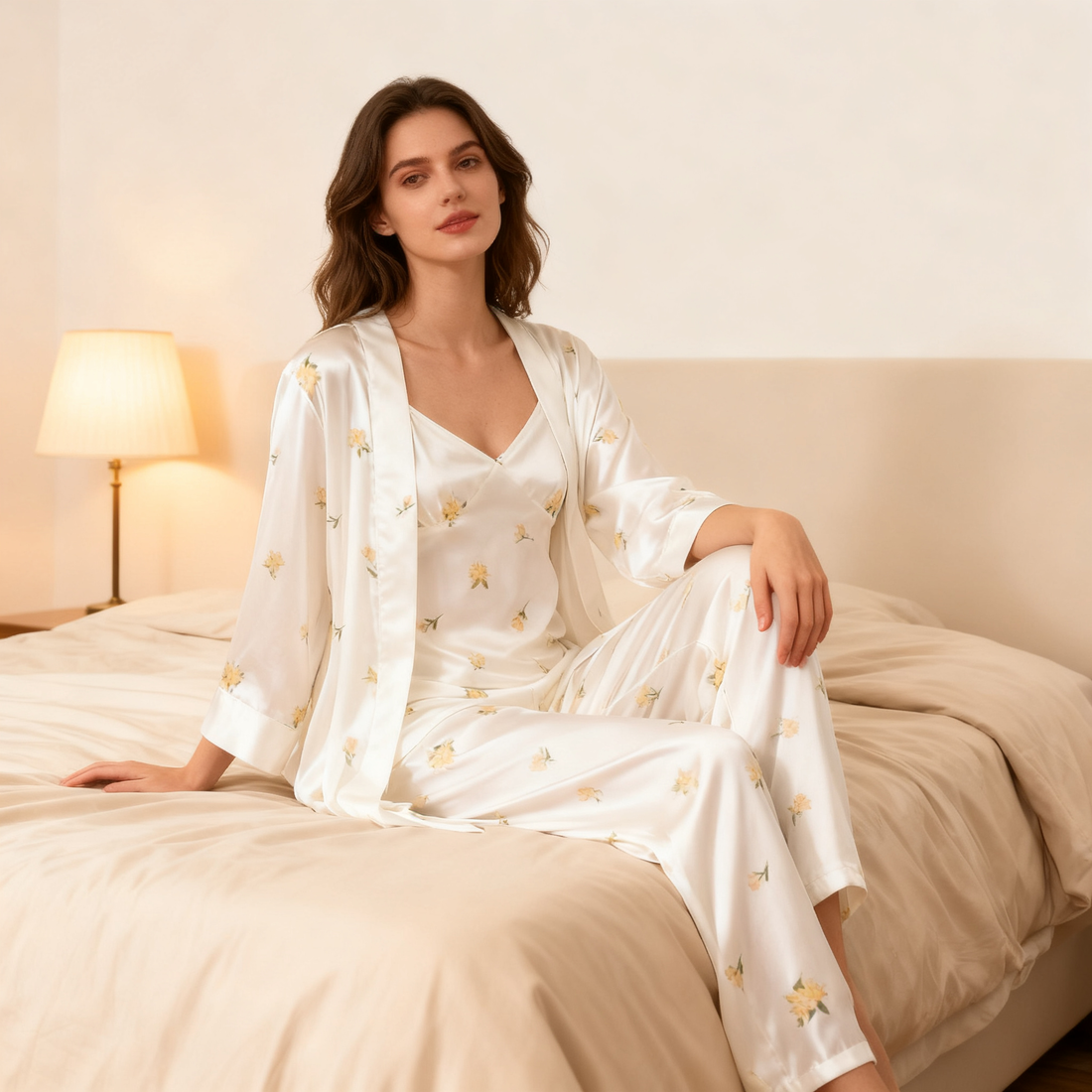 Women's 3-Piece Simple Floral Satin Loungewear