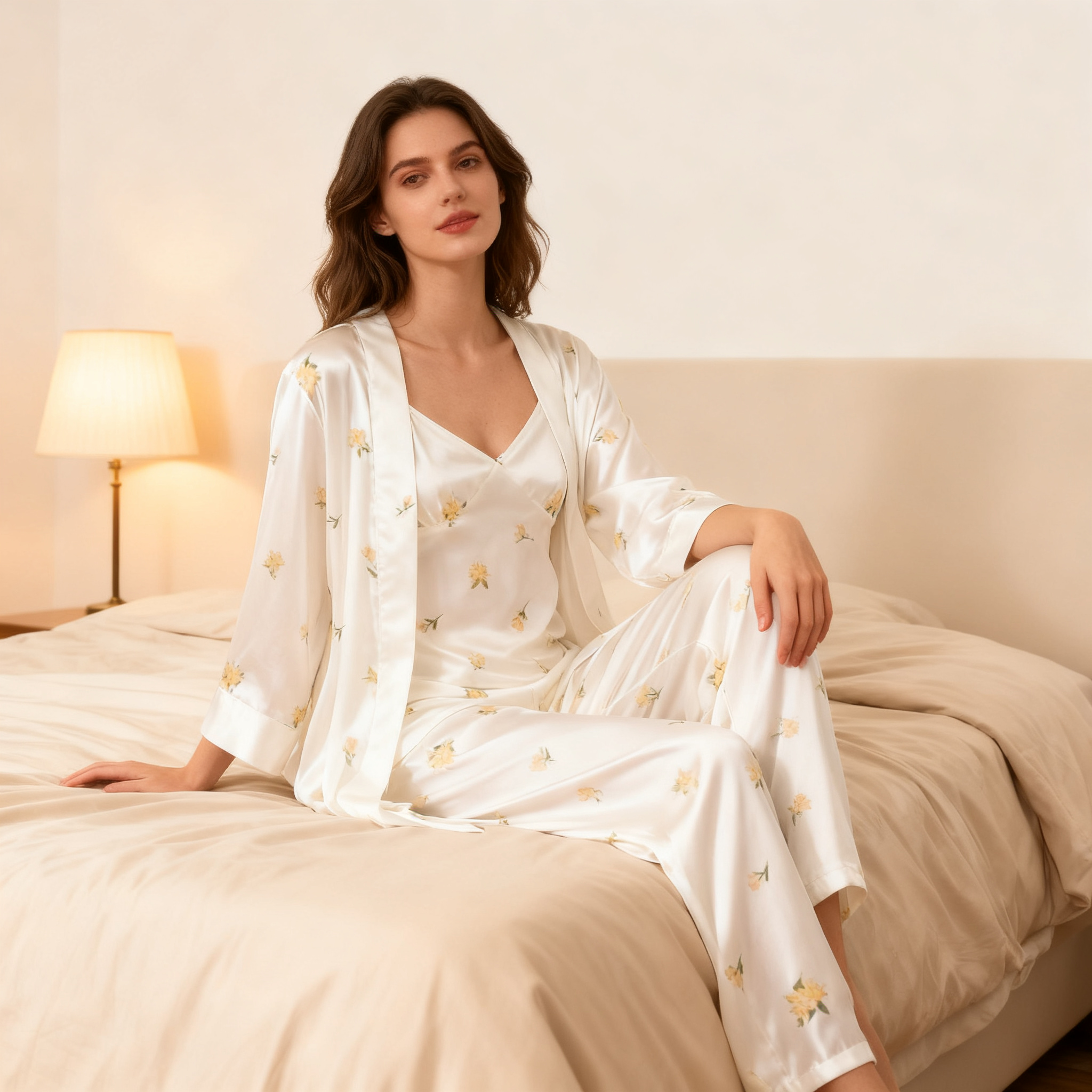 Women's 3-Piece Simple Floral Satin Loungewear