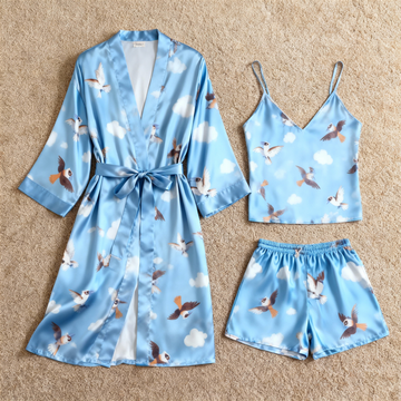 Elegant Satin Blue Loungewear Trio with Birds Motif