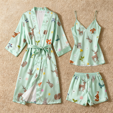 Elegant Satin Loungewear Trio in Pale Green Style