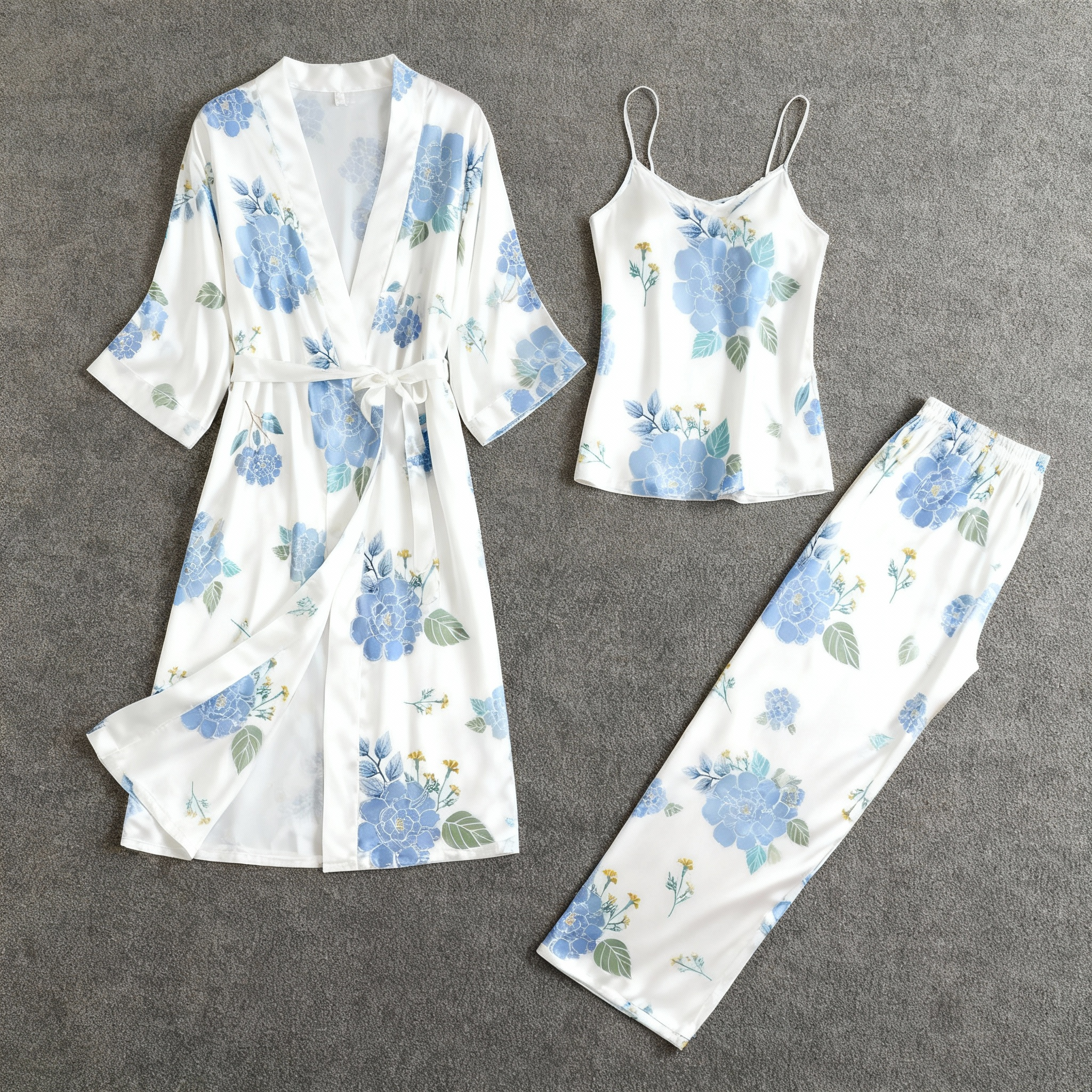 Women's 3-Piece Soft Botanical Motif Satin Loungewear