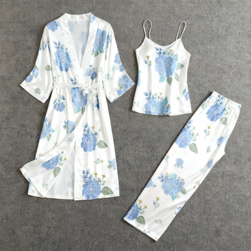 Women's 3-Piece Soft Botanical Motif Satin Loungewear