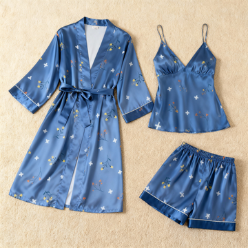 Tiny Floral Motif 3-Piece Satin Lounge Set for Women
