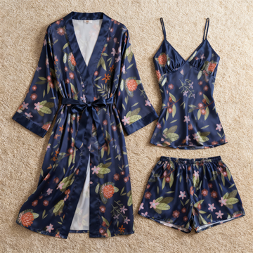 Elegant Satin Navy Loungewear Trio with Botanical Motif