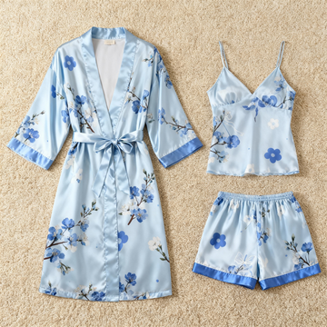 Elegant Satin 3-Piece Loungewear Set with Blue Floral Pattern