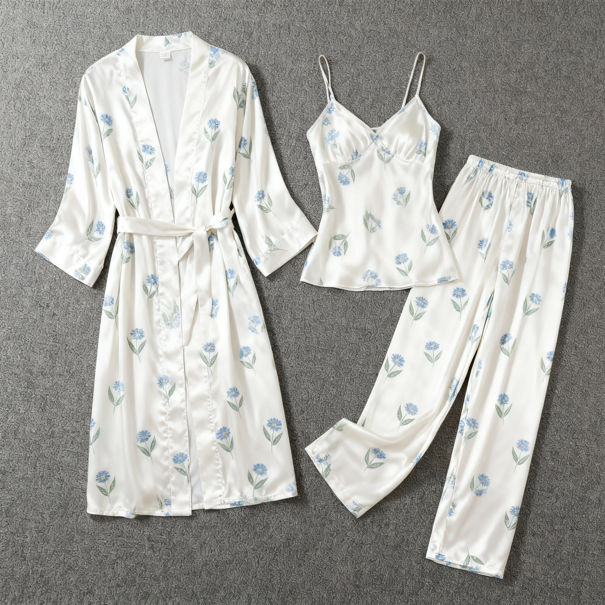 Women's 3-Piece Simple Floral Design Satin Loungewear