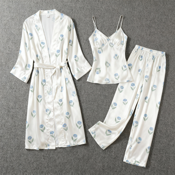 Women's 3-Piece Simple Floral Design Satin Loungewear