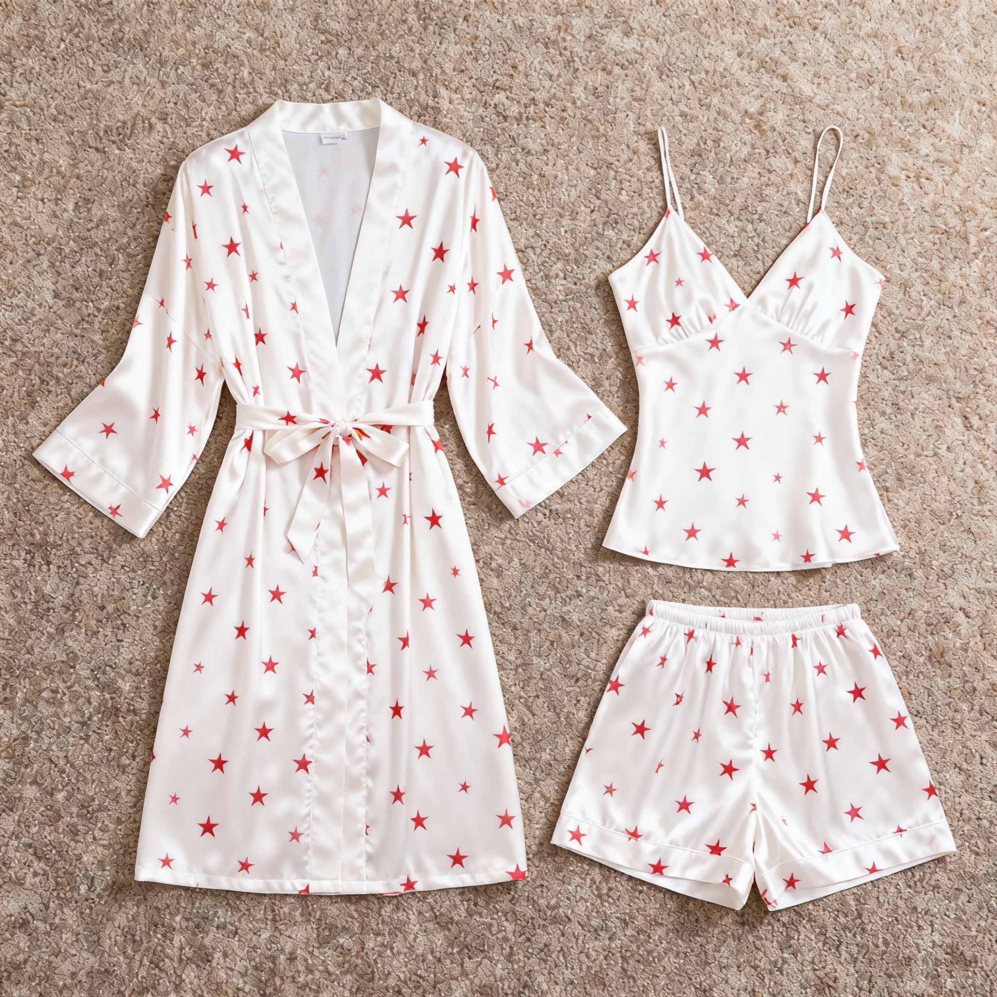 Elegant Satin Loungewear Trio with Red Stars Motif