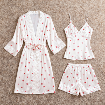 Elegant Satin Loungewear Trio with Red Stars Motif