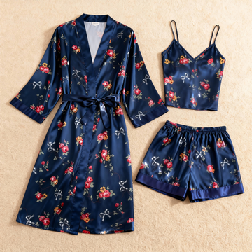Subtle Blossom Motif 3-Piece Satin Lounge Set for Women