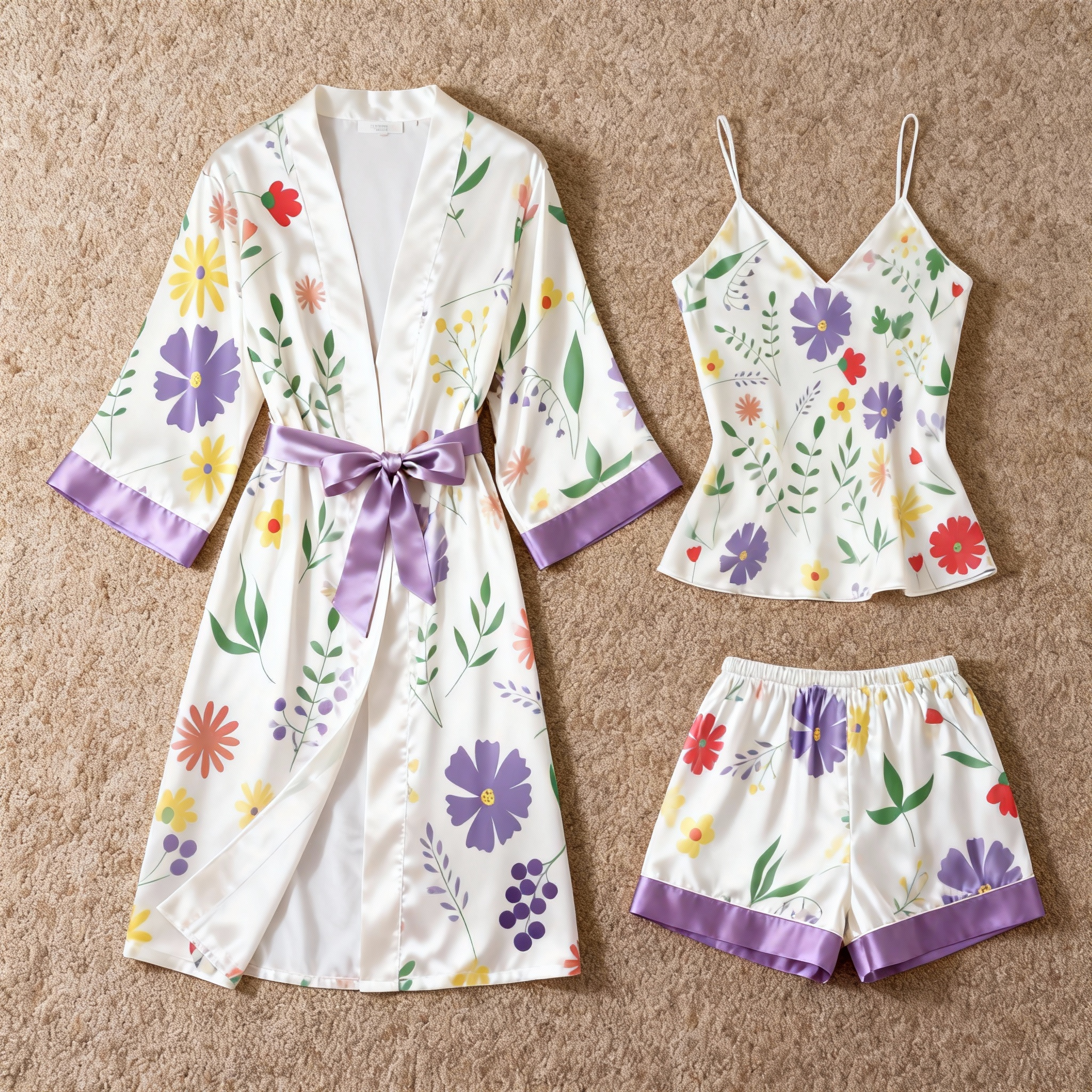 Elegant Satin 3-Piece Loungewear Set with Colorful Floral Pattern
