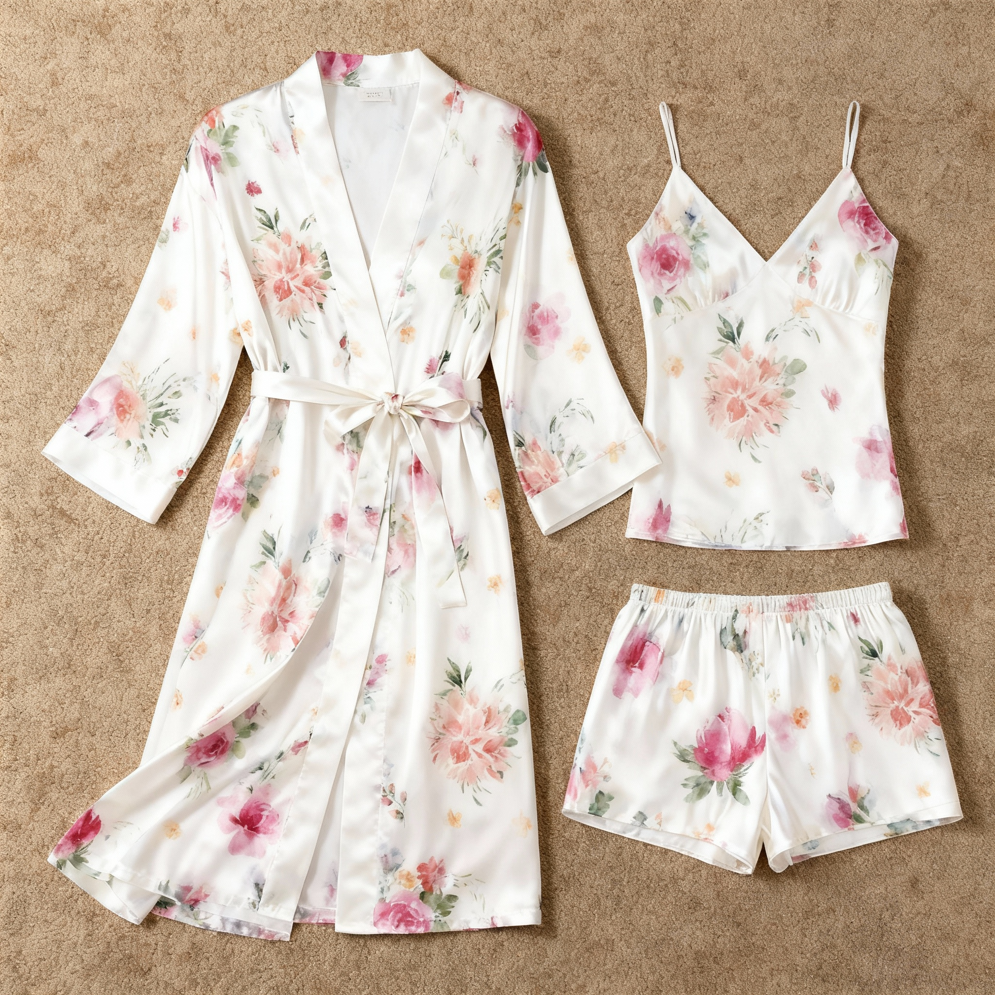 Elegant Satin Loungewear Trio with Pastel Flower Design