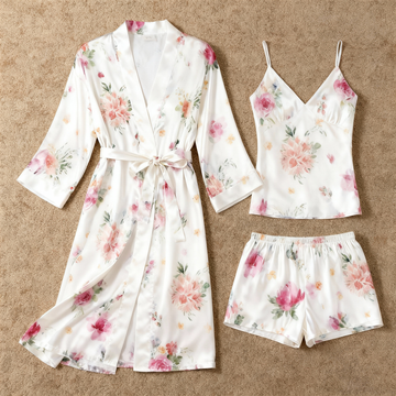 Elegant Satin Loungewear Trio with Pastel Flower Design