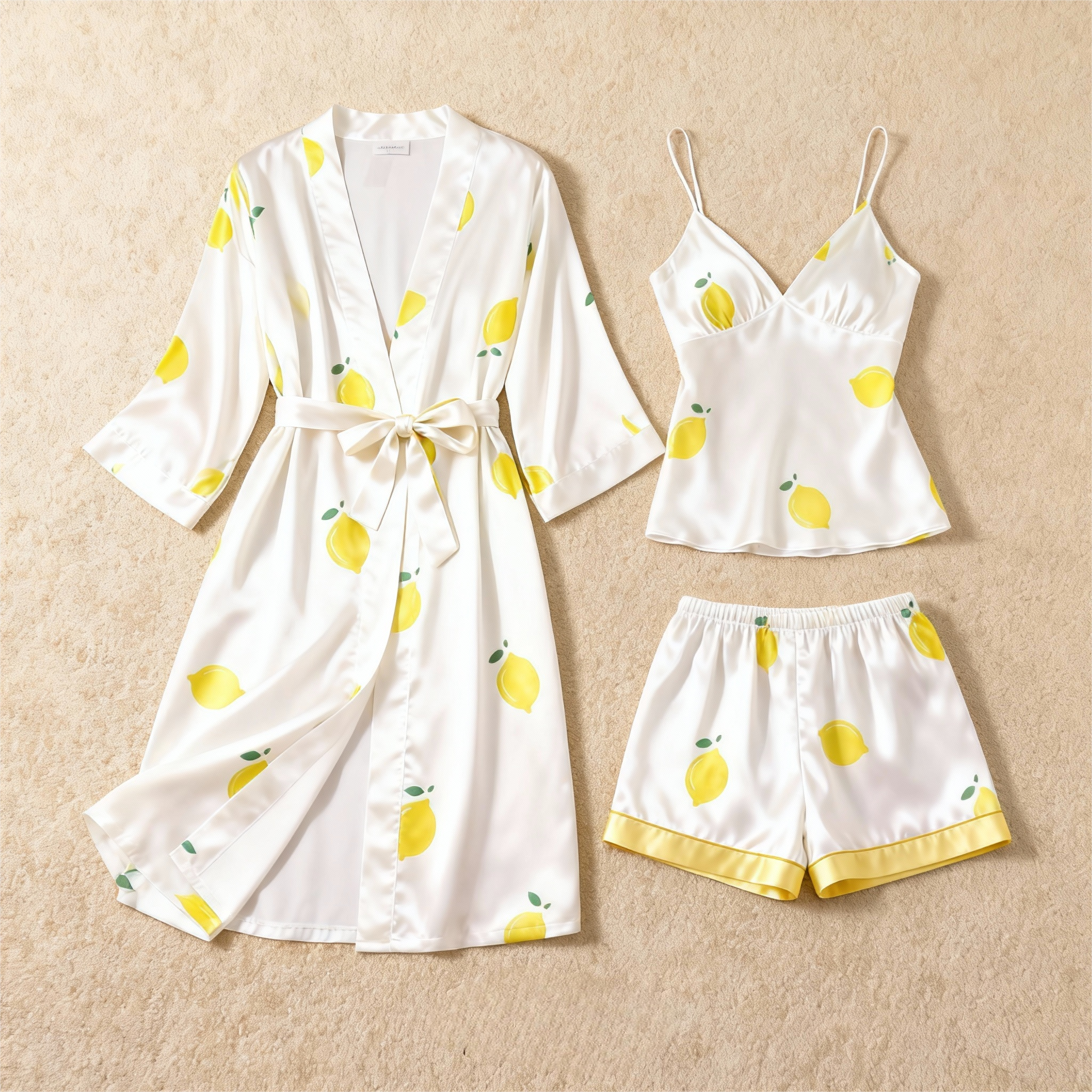 Lemon Motif 3-Piece Satin Lounge Set for Women