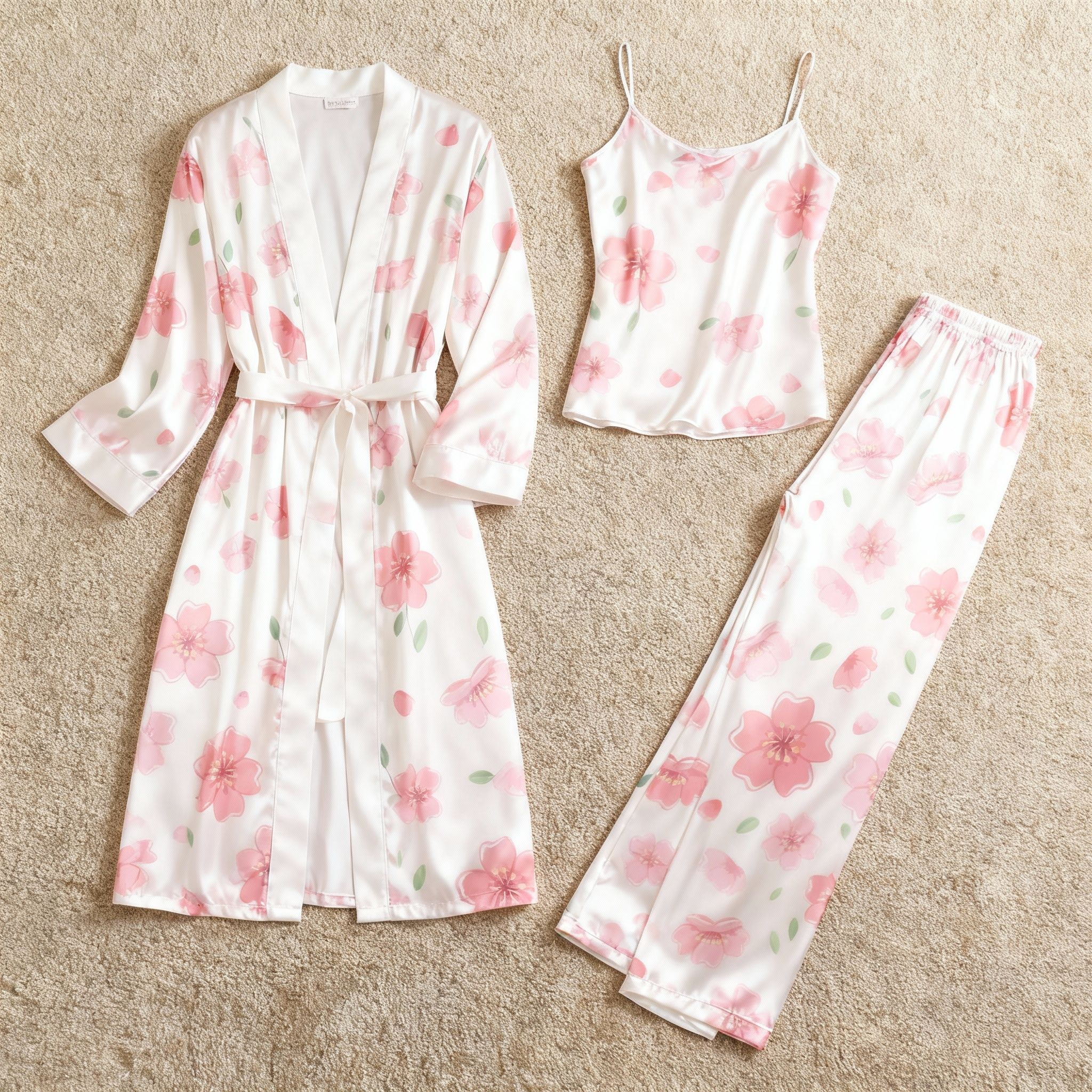 Women's 3-Piece Soft Pink Floral Satin Loungewear