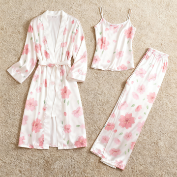 Women's 3-Piece Soft Pink Floral Satin Loungewear